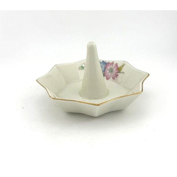 Fred Roberts Company Japan Porcelain octagon ring holder floral with gold rim - Picture 5 of 13